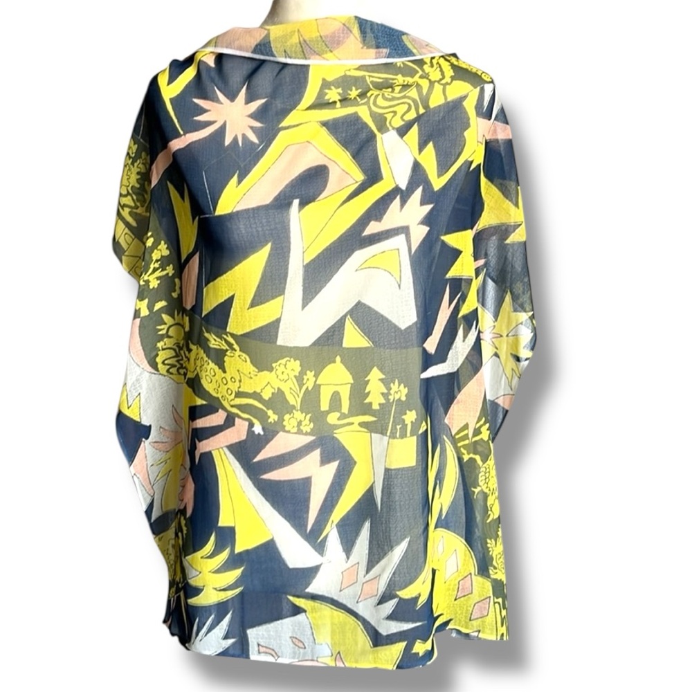 Cotélac Chickens & Animals Abstract Art Print Scarf Navy Yellow Wrap